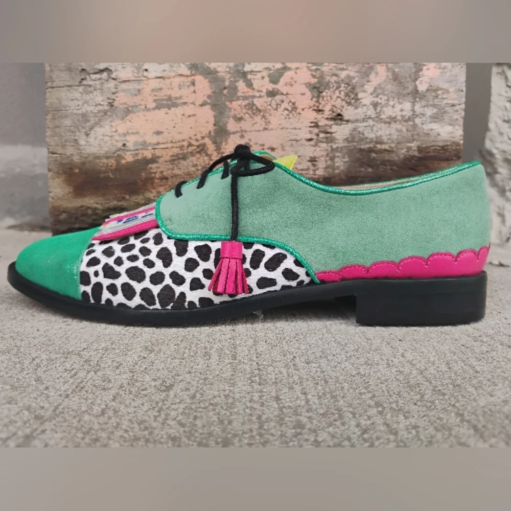 Green Multicolor Handmade Leather Suede Cow Print Oxford Fringe Shoes Size 6-8.5 - Picture 1 of 13